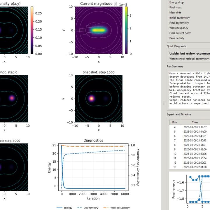 FFIS reduced-model simulation: density field, induced current, and relaxation dynamics in a nonlocal continuum-field swarm framework.